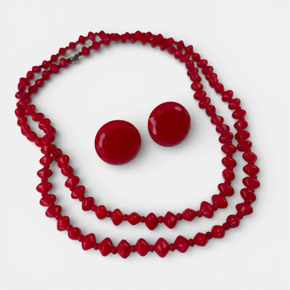 Vintage Czech Red Glass Necklace Set Bohemian Art Deco Flapper Style Jewelry - Picture 7 of 7
